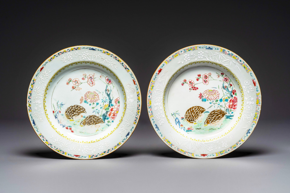A pair of Chinese famille rose 'quail' plates, Yongzheng