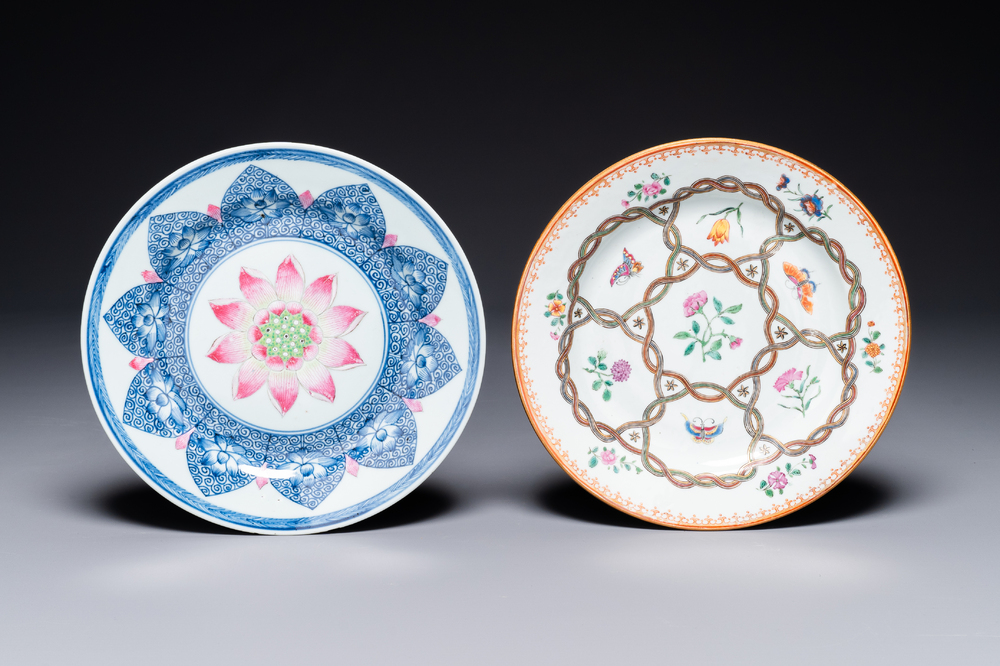 A Chinese famille rose 'lotus' plate for the Southeast Asian market and a 'butterfly and flower' plate, Yongzheng/Qianlong