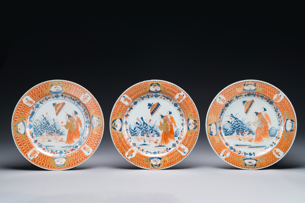 Three Chinese Imari-style 'Parasol ladies' plates after Cornelis Pronk, Qianlong