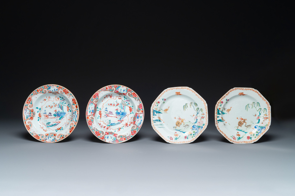 Two pairs of Chinese famille rose plates, Yongzheng/Qianlong