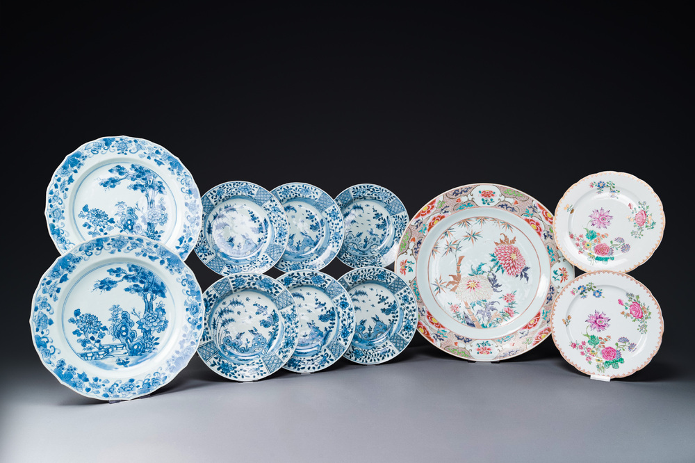 A varied collection of 11 pieces Chinese blue and white and famille rose porcelain, Yongzheng/Qianlong