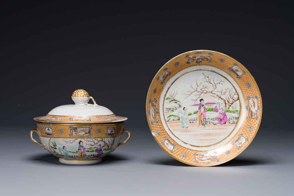 A Chinese Canton famille rose covered bowl and a matching plate, 19th C.