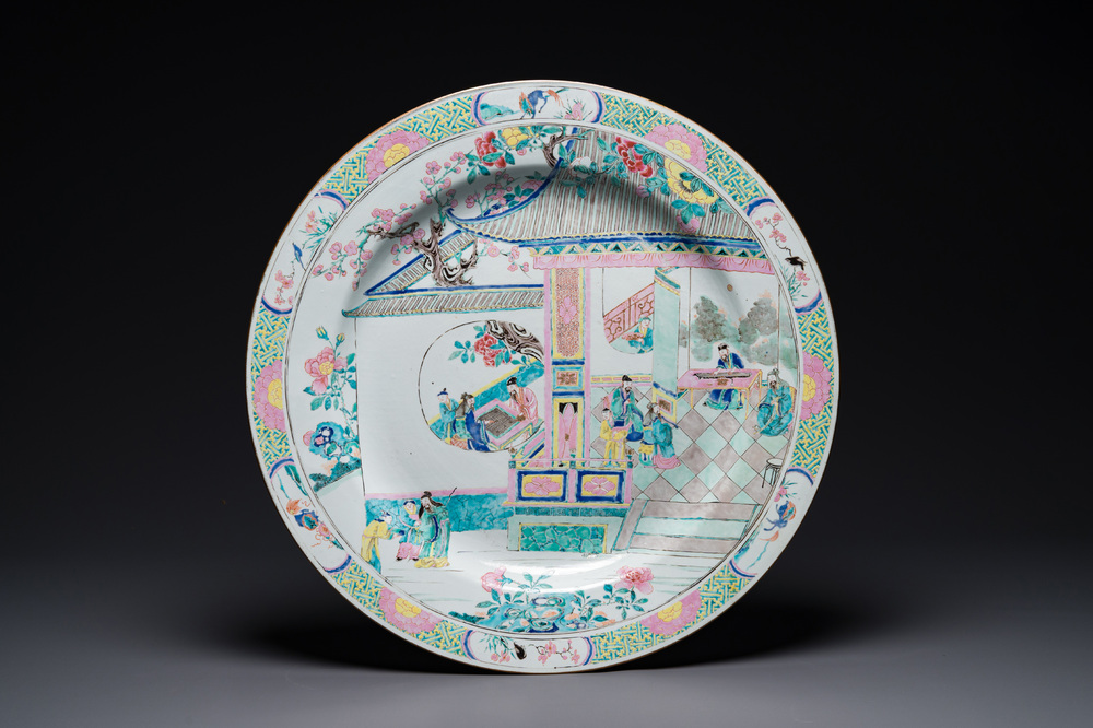 A massive Chinese famille rose dish with narrative design, Yongzheng