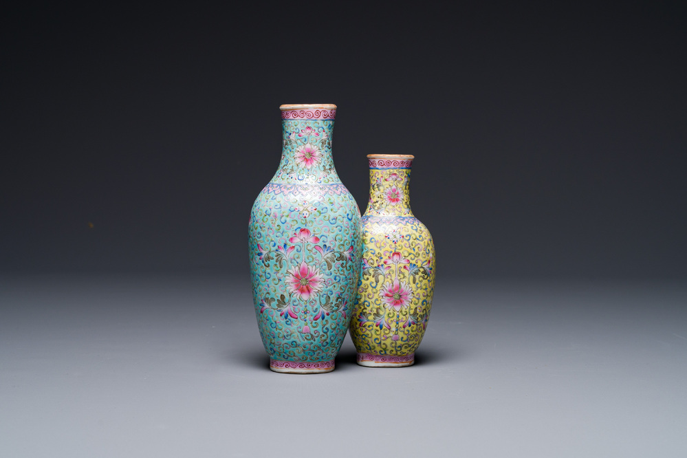A Chinese famille rose conjoined double-vase with floral design, Qianlong mark, 19th C.
