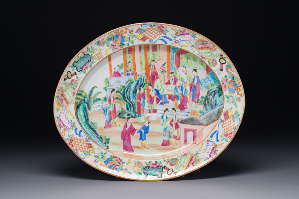 An oval Chinese Canton famille rose dish with narrative design, 19th C.