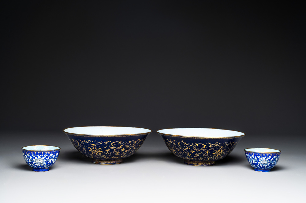 A pair of Chinese Canton enamel bowls and a pair of 'double-happiness' cups, Ruyi 如意 mark, Qianlong