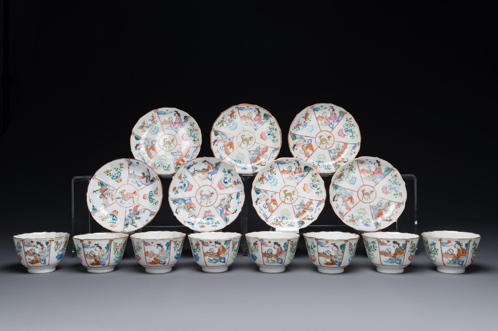 Eight Chinese famille rose cups and seven saucers, Xianfeng mark and of the period