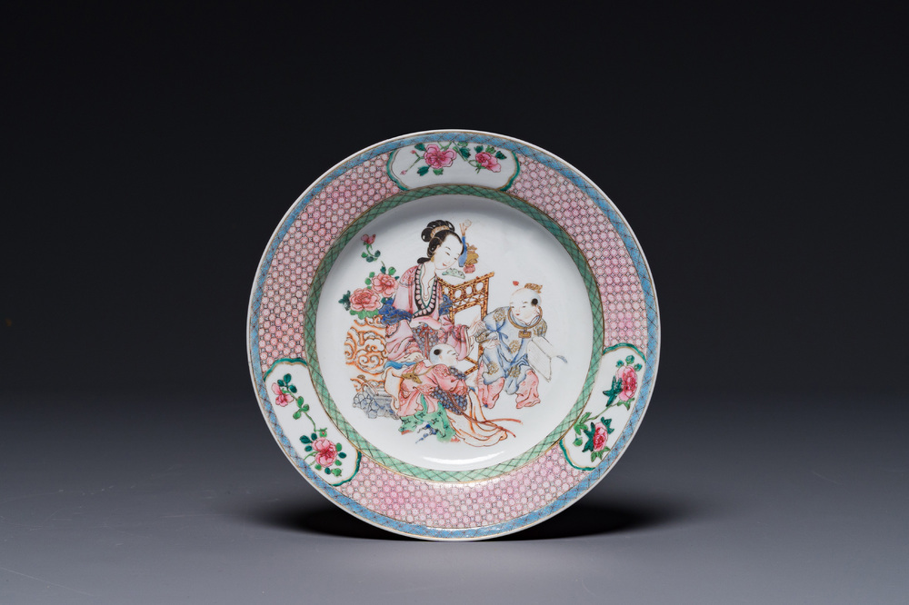 A fine Chinese famille rose ruby-back eggshell plate, Yongzheng