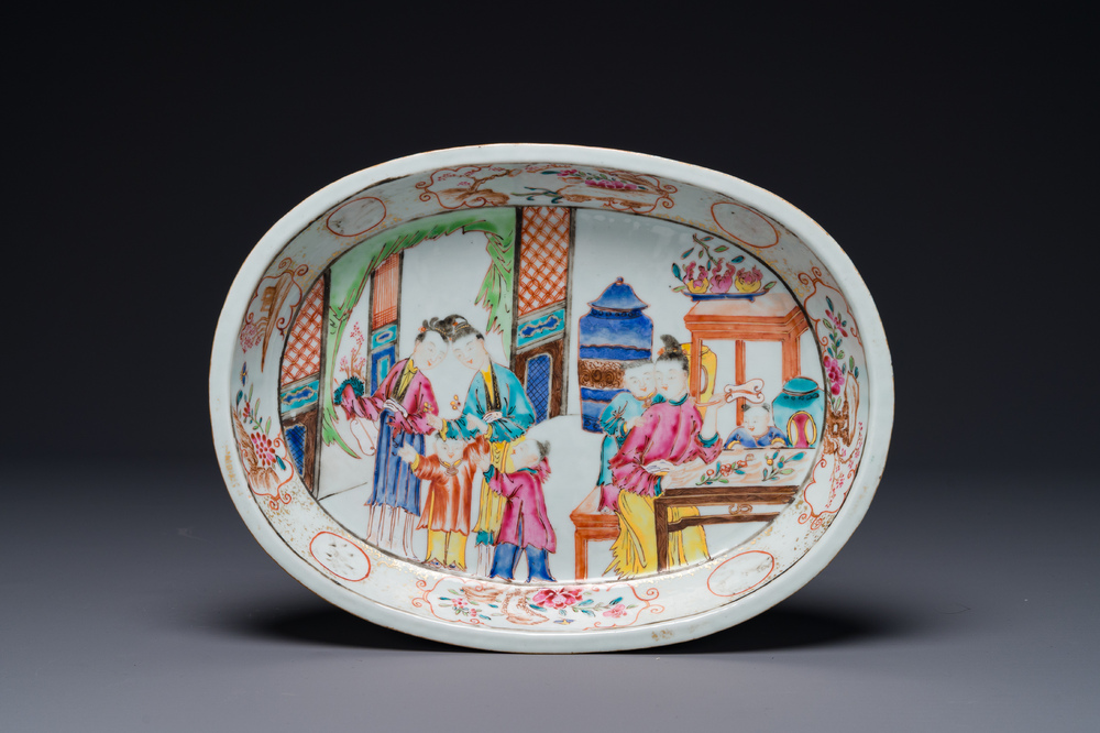 An oval Chinese Canton famille rose 'mandarin subject' bowl, Qianlong