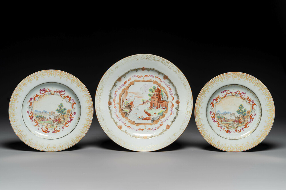 Three Chinese Meissen-style plates with a harbour view, Qianlong
