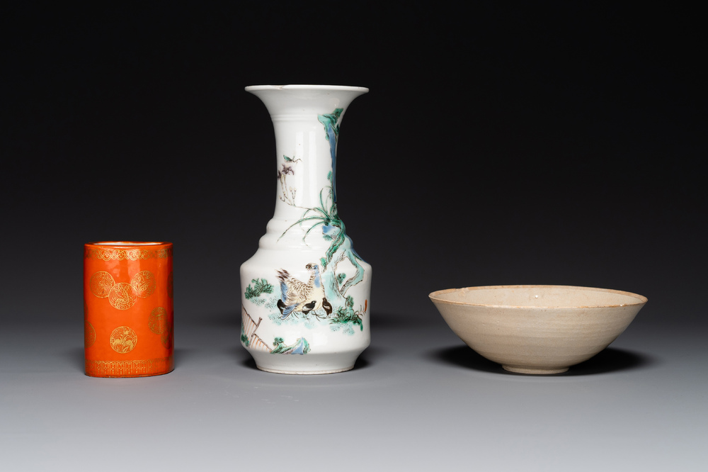 A Chinese gilt-decorated coral-red-glazed brush pot, a famille verte vase and a ding-type bowl, Guangxu mark, Yuan and later