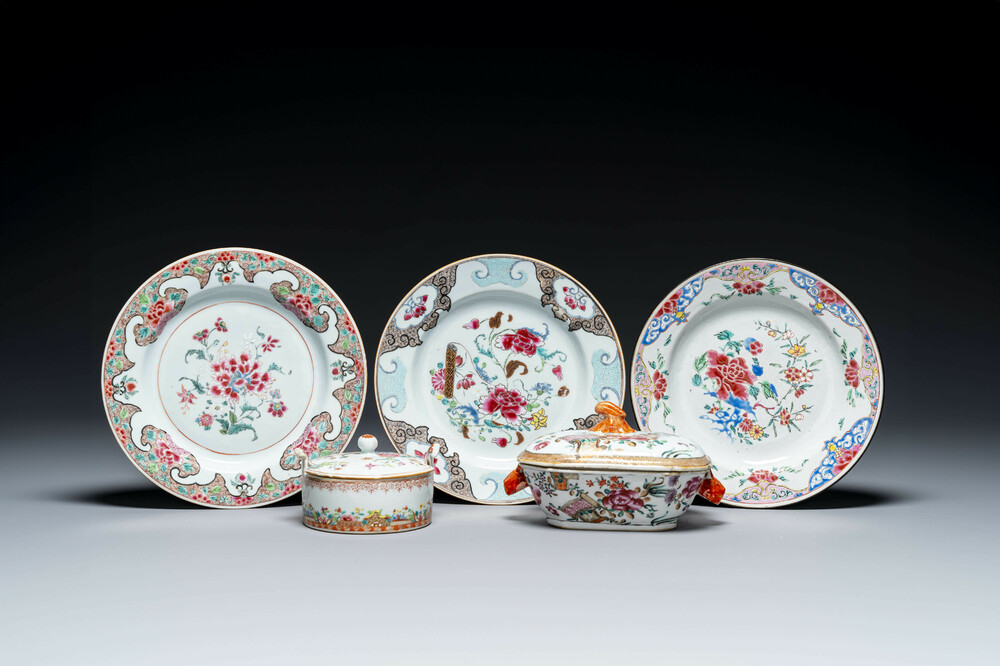 Three Chinese famille rose plates, a butter tub and a tureen and cover, Qianlong