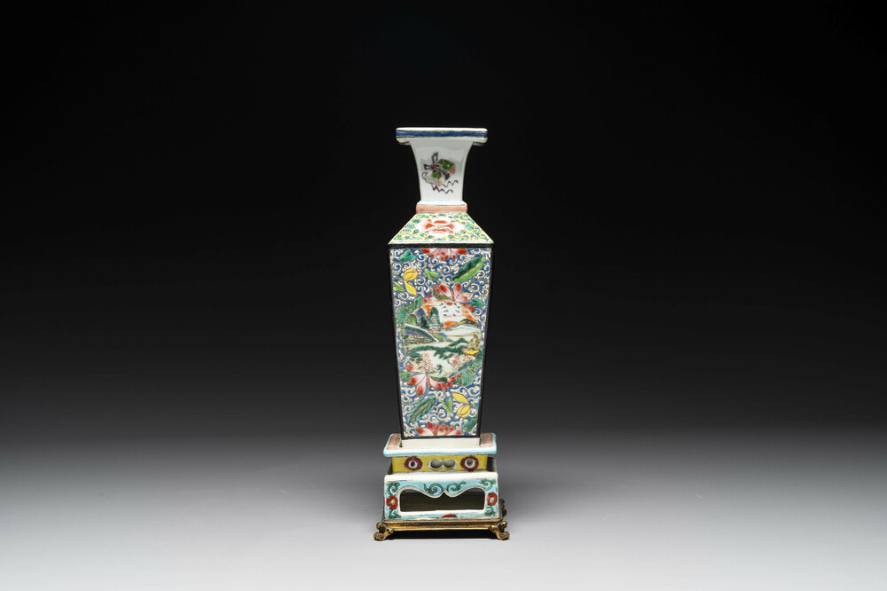 A square Chinese famille rose vase and stand with gilt bronze mount, Yongzheng