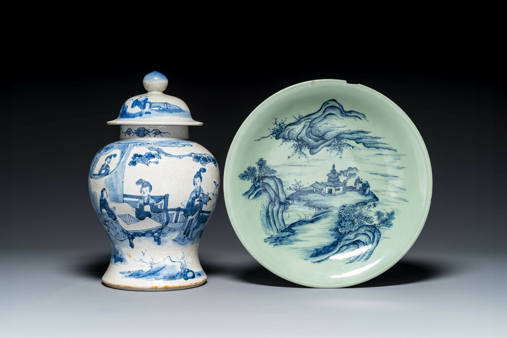 A Chinese celadon-ground blue and white dish and a vase and cover, Chenghua mark, 19th C.