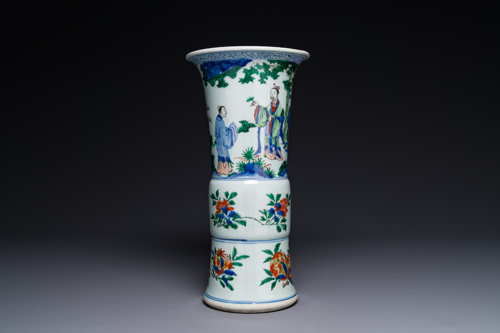 A Chinese wucai 'gu' vase with figurative design, Transitional period