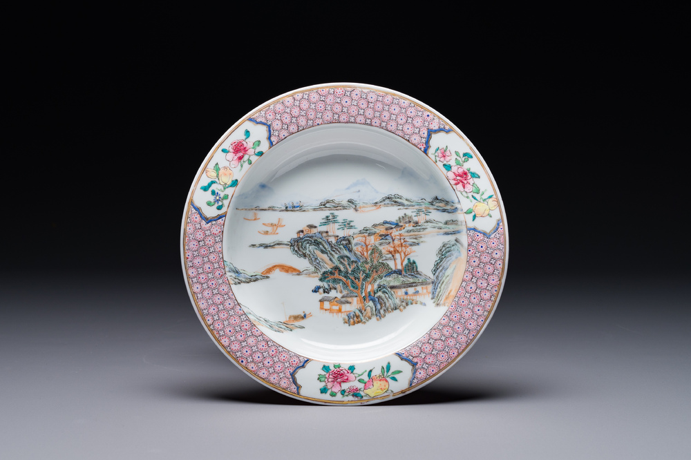 A Chinese famille rose ruby-back eggshell plate with a fine landscape, Yongzheng