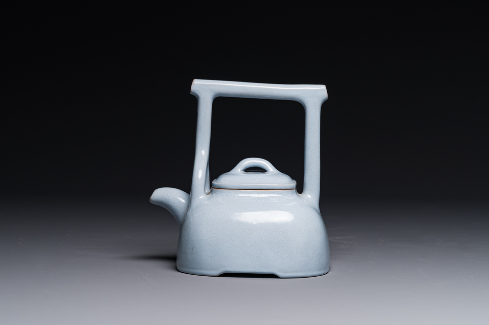 A Chinese monochrome clair-de-lune-glazed Yixing stoneware teapot and cover, Yixing seal mark, Republic
