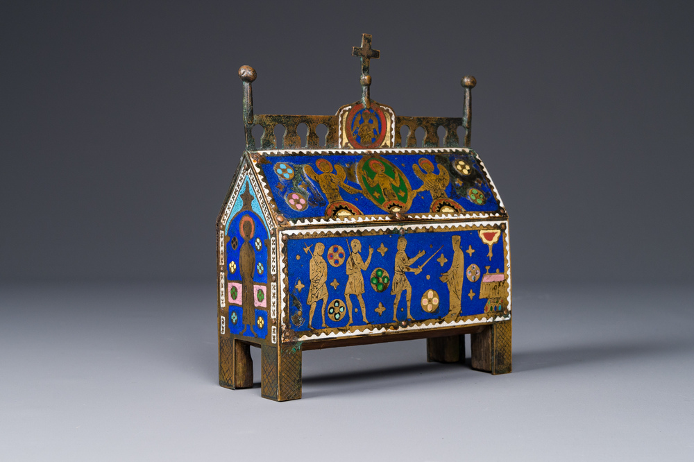 A Limoges champlev&eacute; enamel reliquary casket depicting the murder of Thomas Becket, France