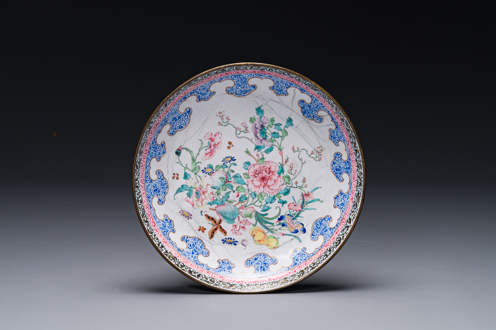 A Chinese Canton enamel plate with floral design, Yongzheng