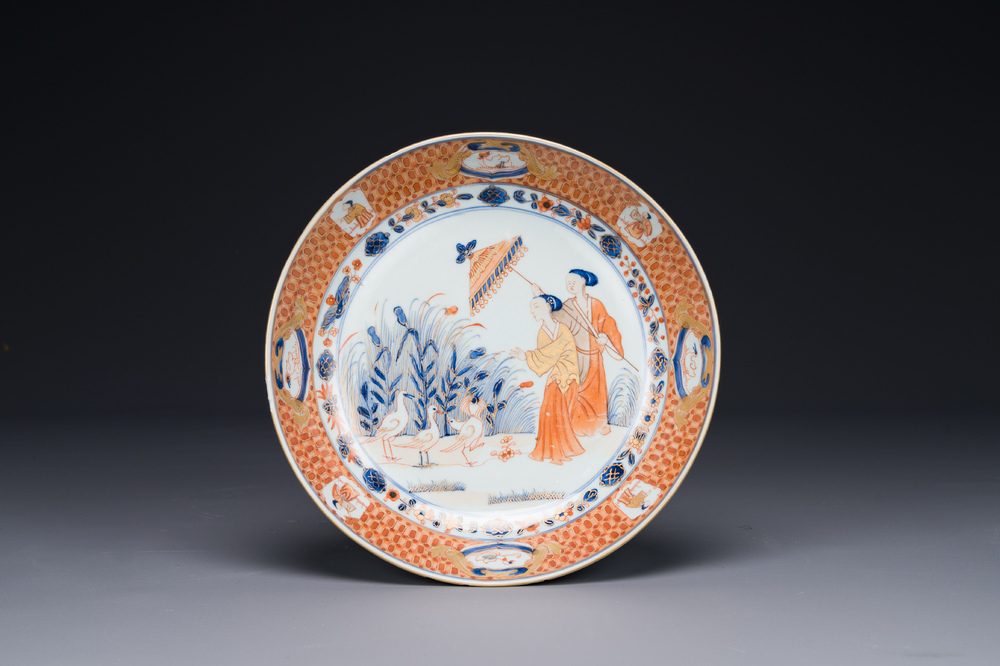 A Chinese Imari-style 'Parasol ladies' plate after Cornelis Pronk, Qianlong