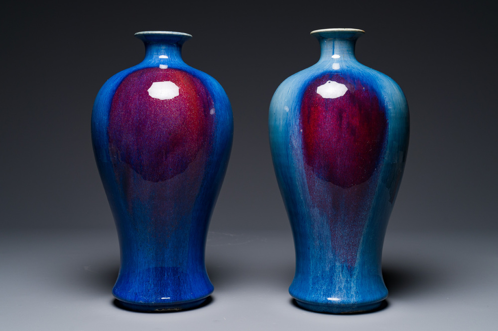 A pair of Chinese flamb&eacute;-glazed 'meiping' vases, 18th C.