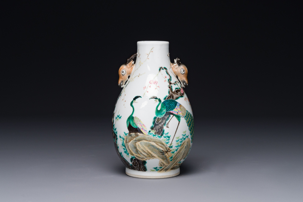 A Chinese famille rose 'hu' vase with peacocks, Yongzheng mark, 19th C.