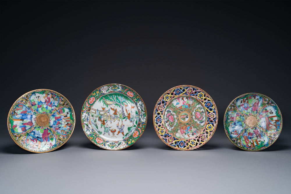 A pair of Chinese blue and white Canton-decorated plates, a famille rose 'playing boys' plate and a reticulated plate, 19th C.