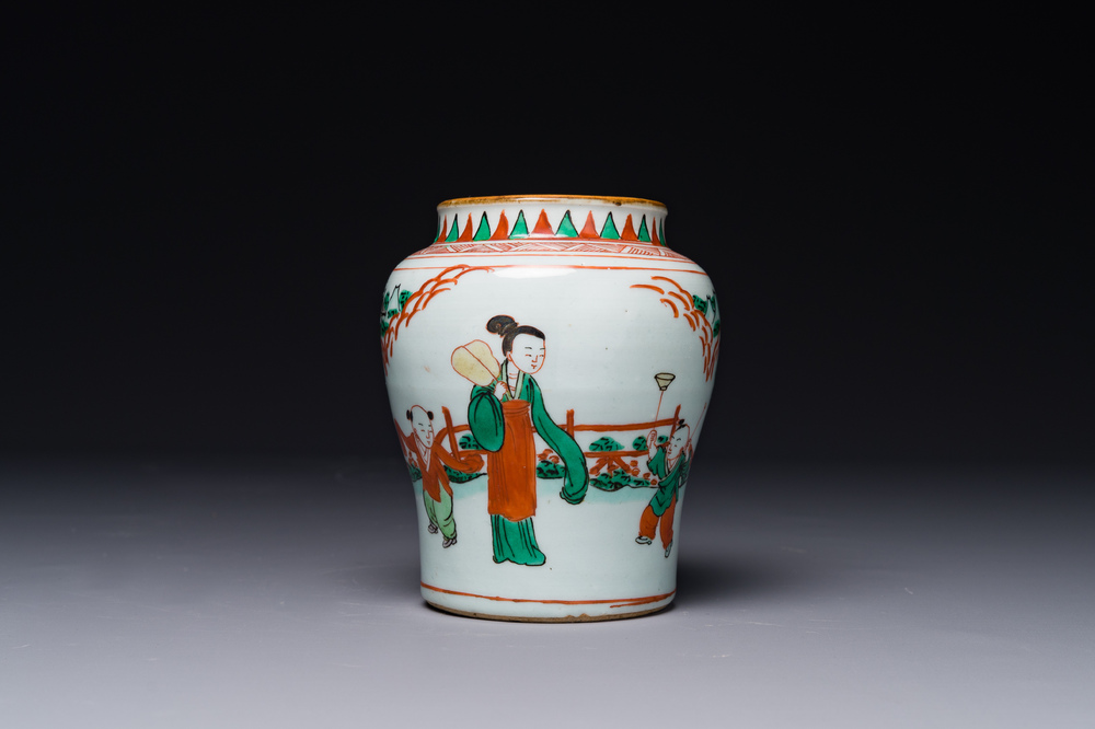 A small Chinese wucai jar with figures in a landscape, Transitional period