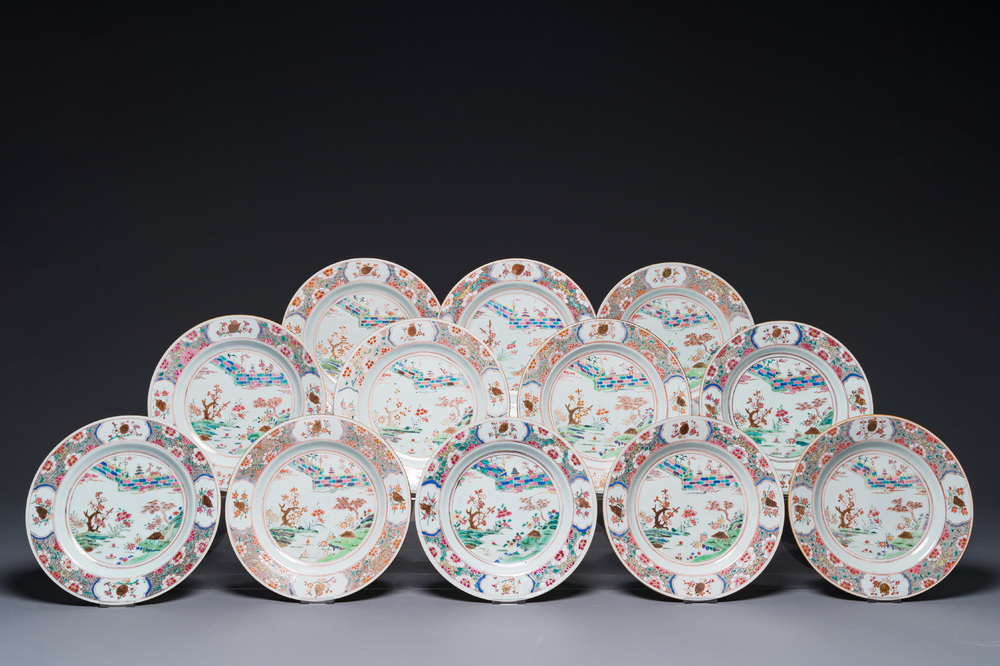 Twelve Chinese famille rose plates with landscape design, Qianlong