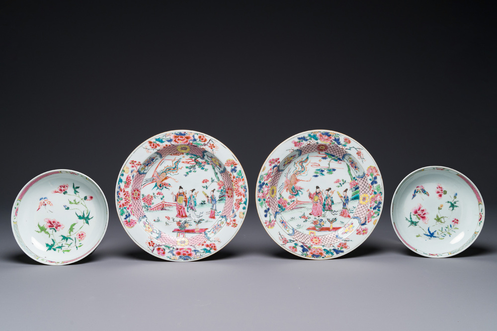 A pair of Chinese famille rose 'Xi Xiang Ji' plates and a pair of 'floral' plates, Yongzheng