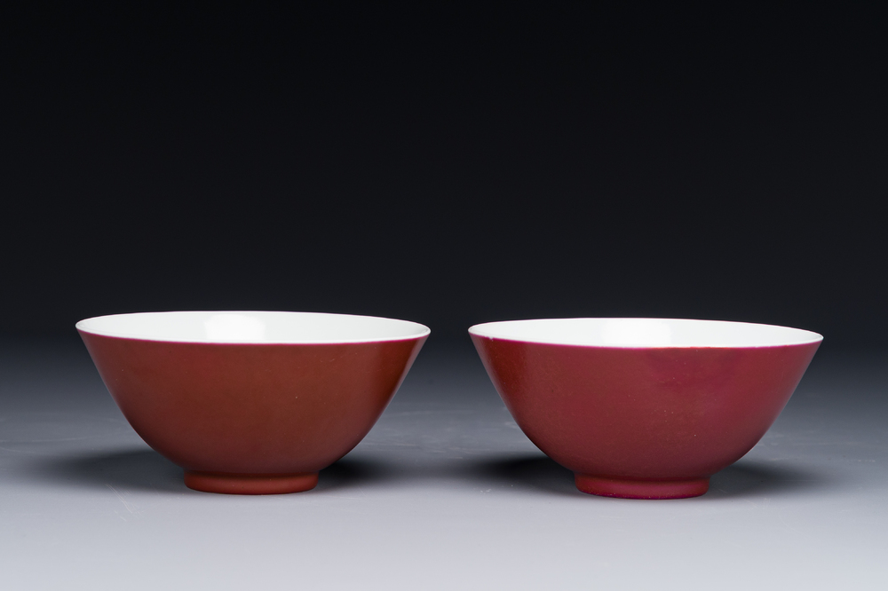 A pair of Chinese monochrome ruby-glazed bowls, Guangxu mark and of the period