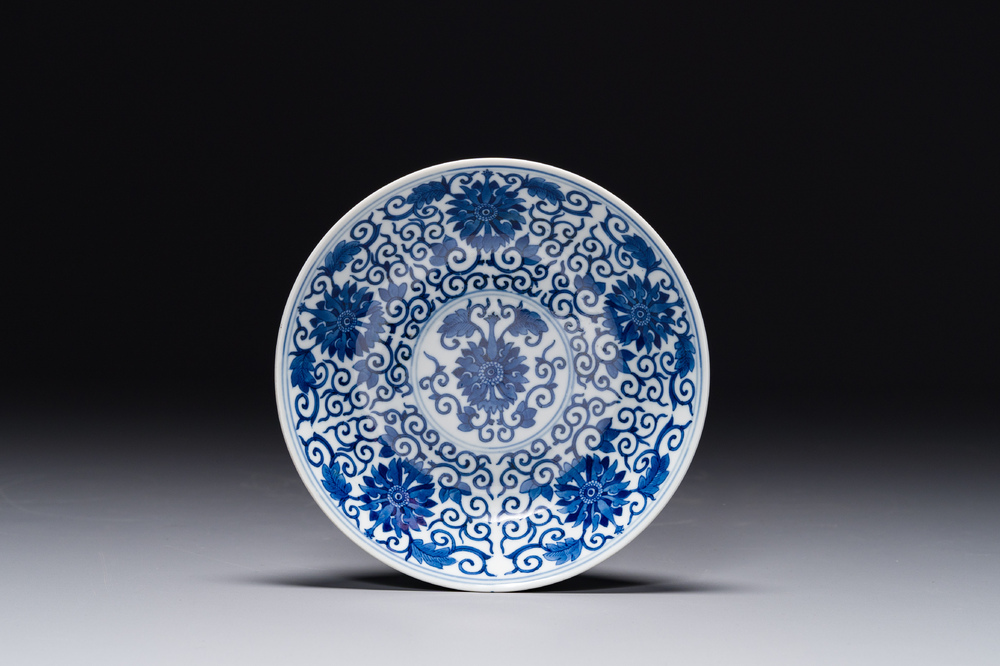 A Chinese blue and white 'lotus scroll' plate, Guangxu mark and of the period