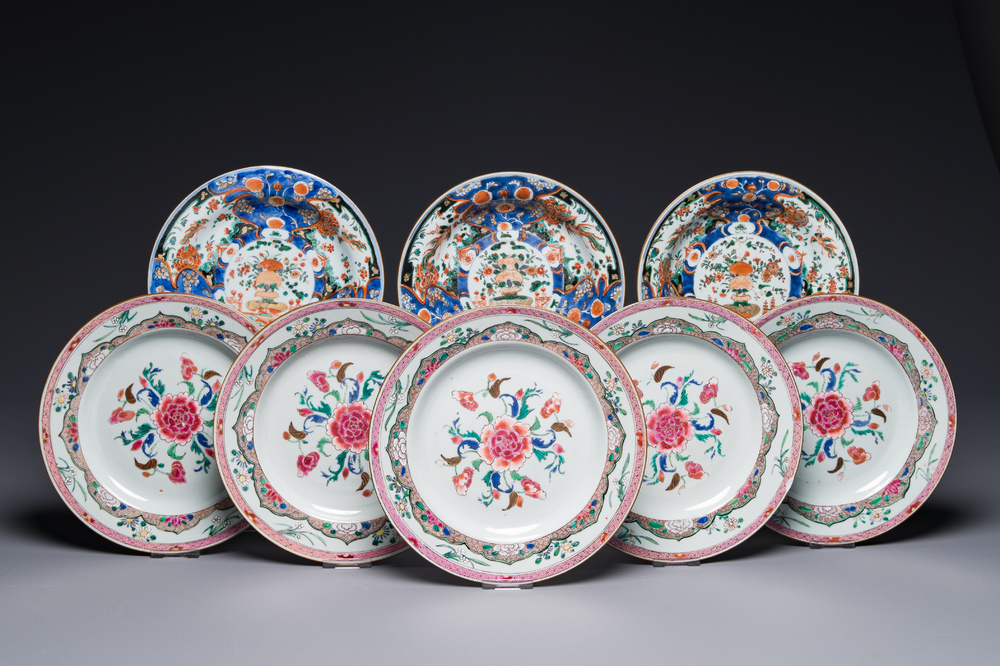 Three Chinese verte-imari 'Stanislaw' plates and five famille rose plates, Kangxi/Yongzheng