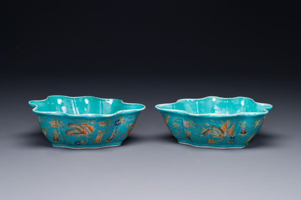 A pair of Chinese turquoise-ground famille rose leaf-shaped bowls with butterfly design, Jiaqing mark and of the period