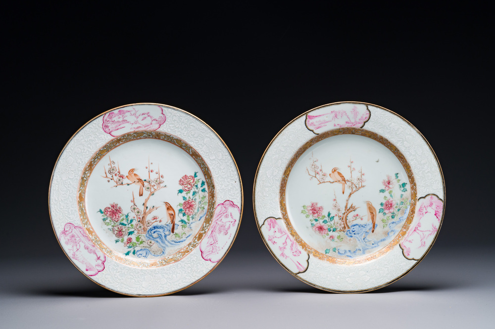 A pair of Chinese famille rose 'magpie and peony' plates with bianco-sopra-bianco rims, Yongzheng