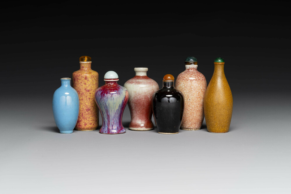 Seven varied Chinese monochrome snuff bottles, Kangxi mark, 18/19th C.