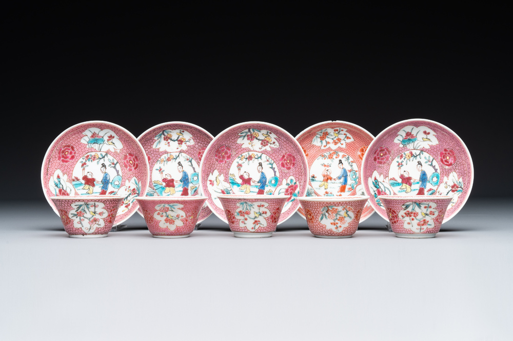 Five Chinese famille rose cups and saucers with figures, Yongzheng