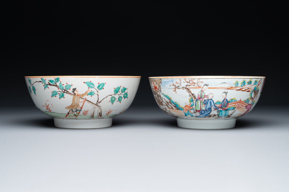 Un bol en porcelaine de Chine surd&eacute;cor&eacute; aux Pays-Bas et un bol famille rose de Canton &agrave; d&eacute;cor mandarin, Qianlong