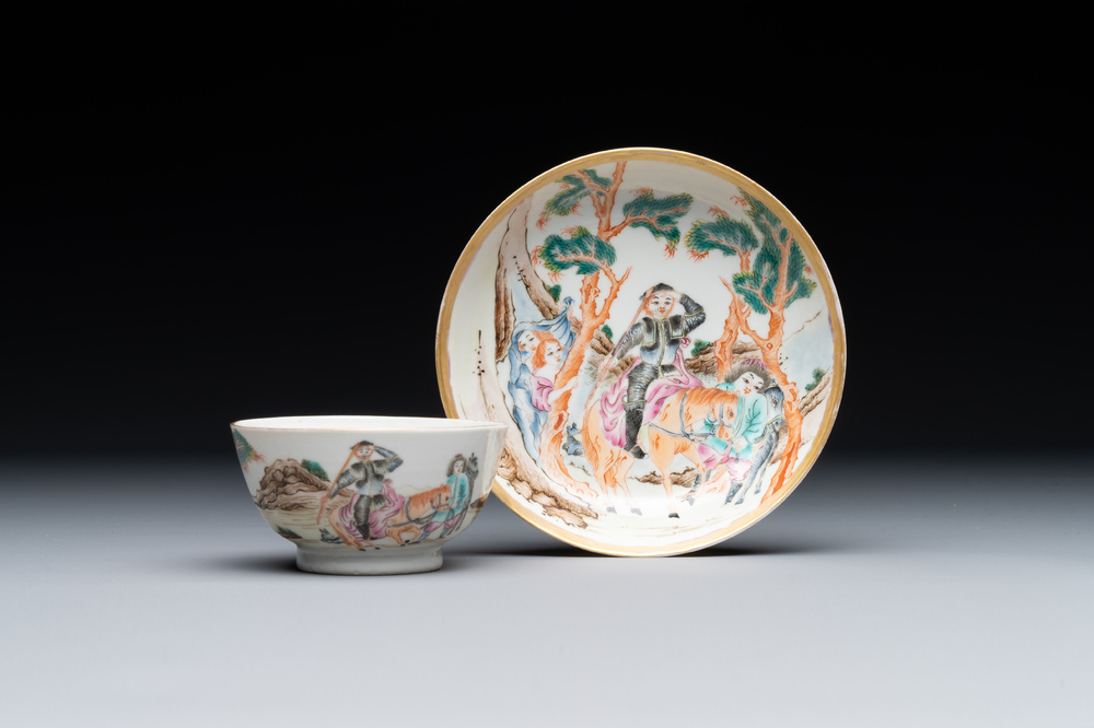 A Chinese famille rose 'Don Quixote' cup and saucer, 18/19th C.