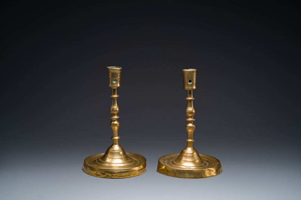 A pair of Flemish or Dutch knotted bronze candlesticks, 16th C.