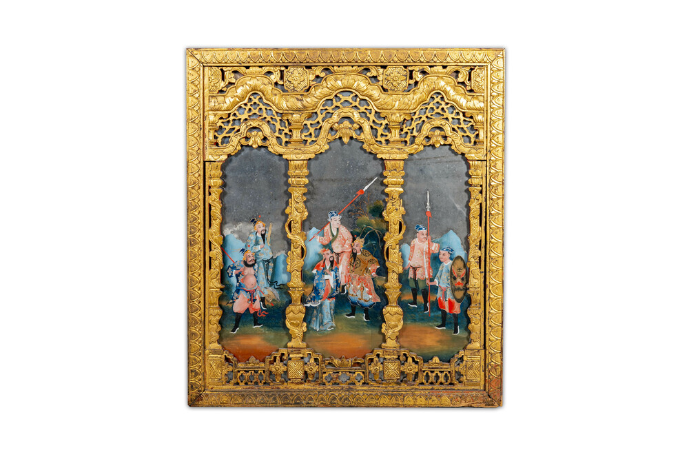 A rare Chinese gilt wood and reverse glass painted mirror, 2nd half 18th C.