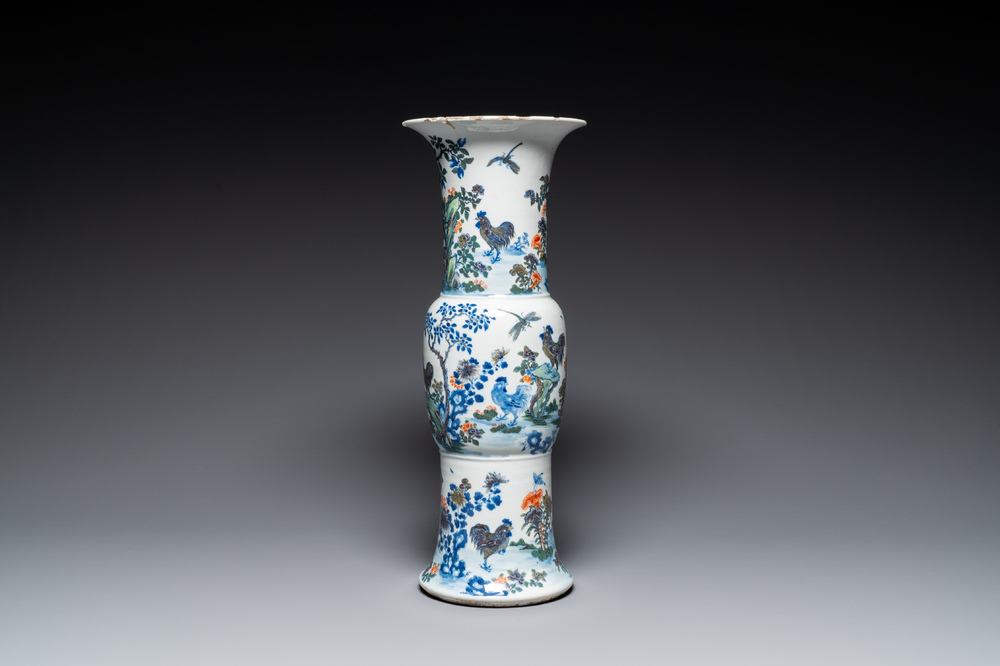 A Chinese doucai 'gu' vase with roosters, Qianlong mark, 19th C.