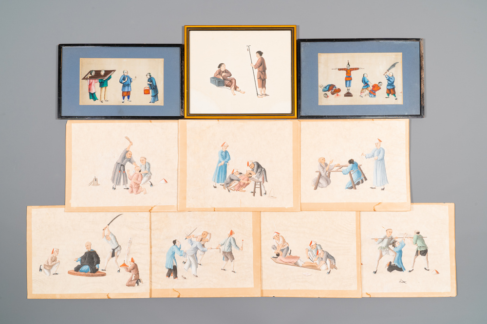 Ten Chinese Canton rice paper paintings of punishments, 19th C.