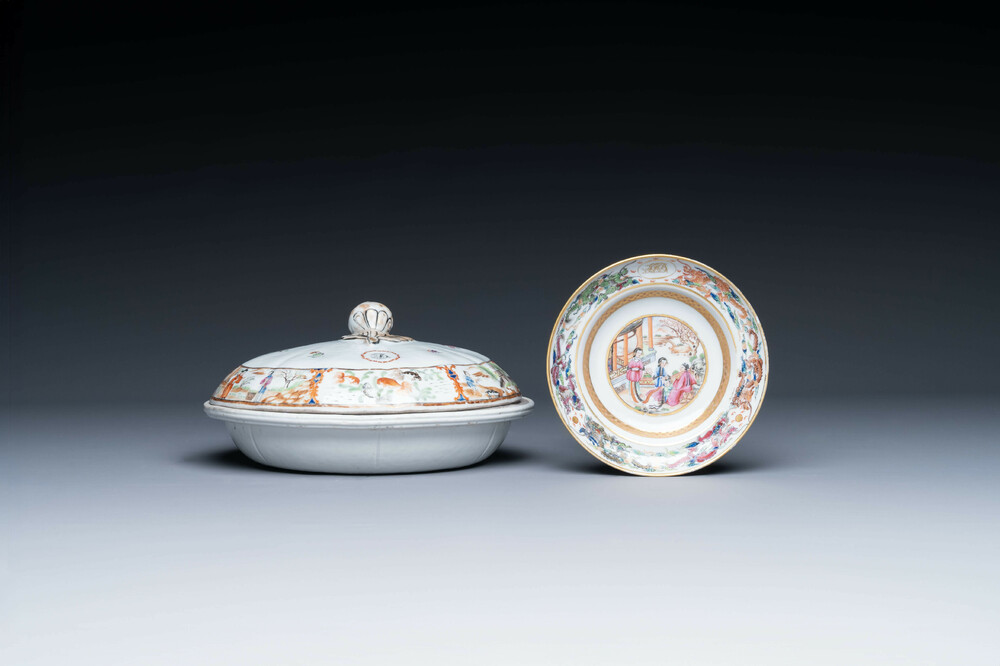 A Chinese Canton famille rose tureen with two compartments and a monogrammed plate, 19th C.