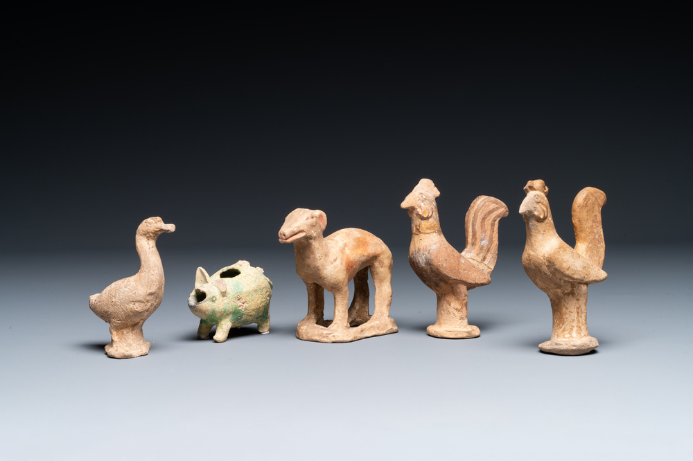 Five varied Chinese pottery animals, Han