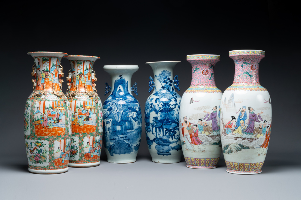 Group of six Chinese famille rose and blue and white vases, 19th C.