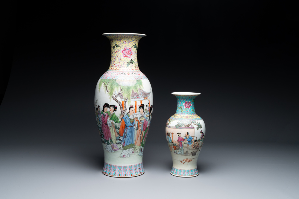 Two Chinese famille rose vases with rice production and figurative design, Qianlong mark, 20th C.