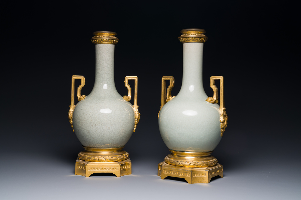 A pair of Chinese ge-type vases with gilt bronze mounts, 19th C.