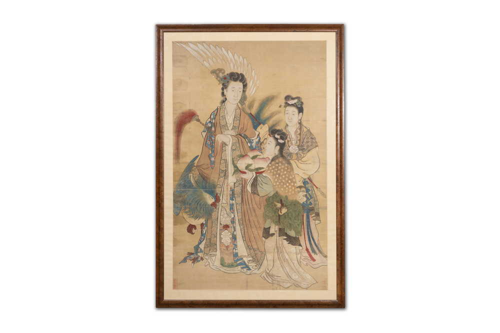 Chinese school: 'Presenting peaches to Xiwangmu', ink and colour on silk, 19th C.