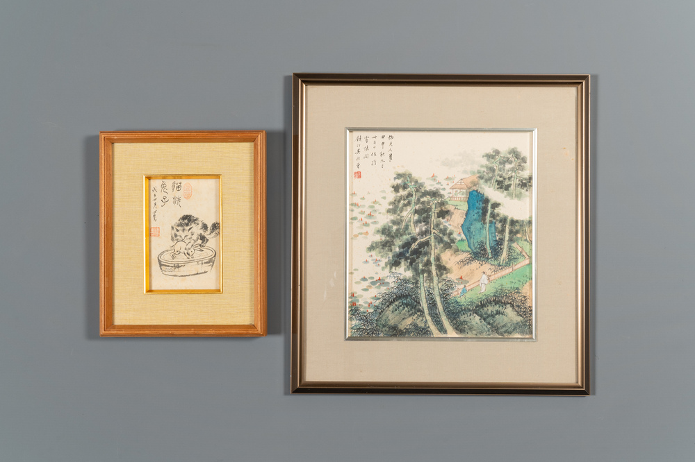 Pu Xinyu 溥心畬 (1896-1963): 'Kat en konijn' en Wu Xizeng 吳熙曾 (1904-1972): 'Landschap', inkt en kleur op papier